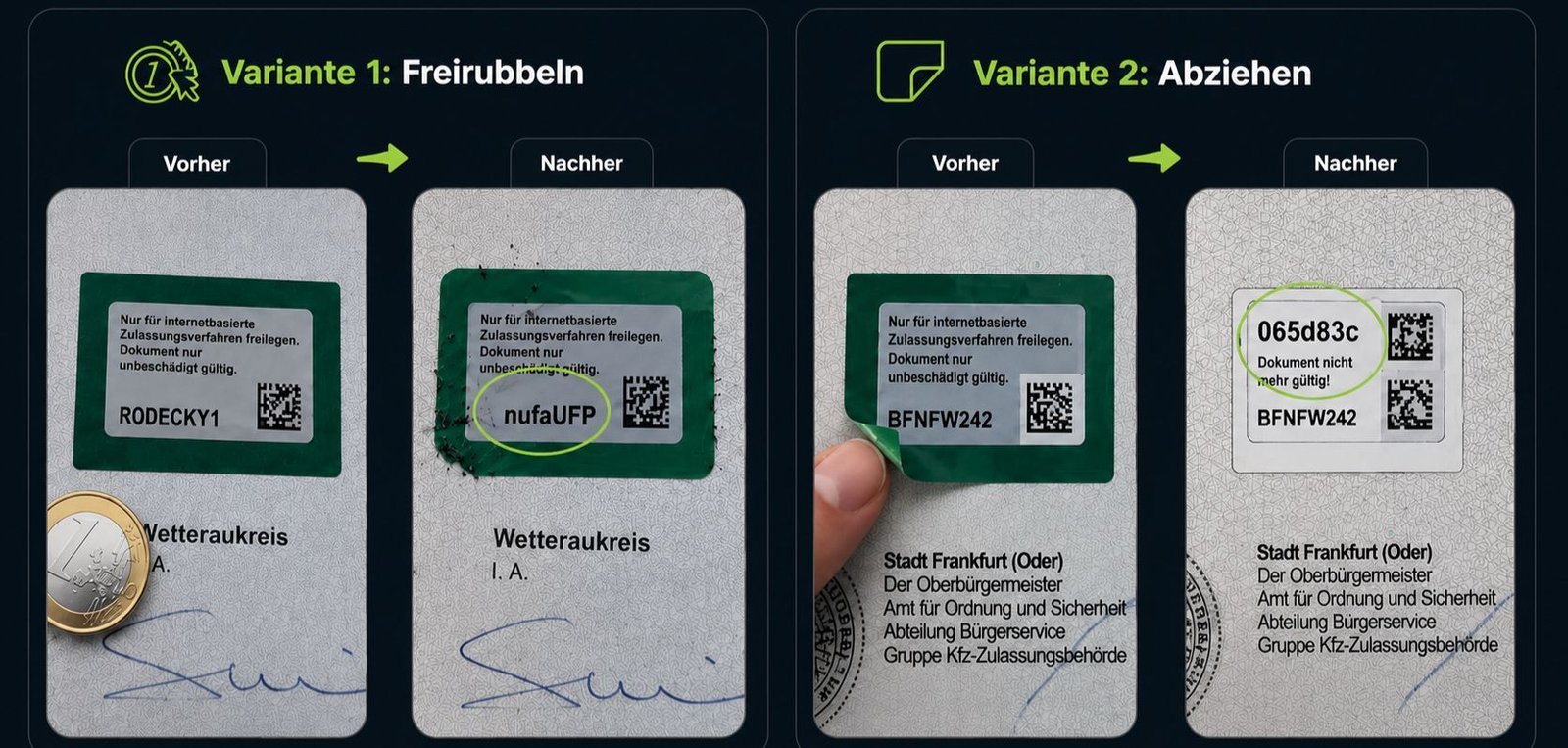 Fahrzeugschein Rückseite mit Sicherheitscode